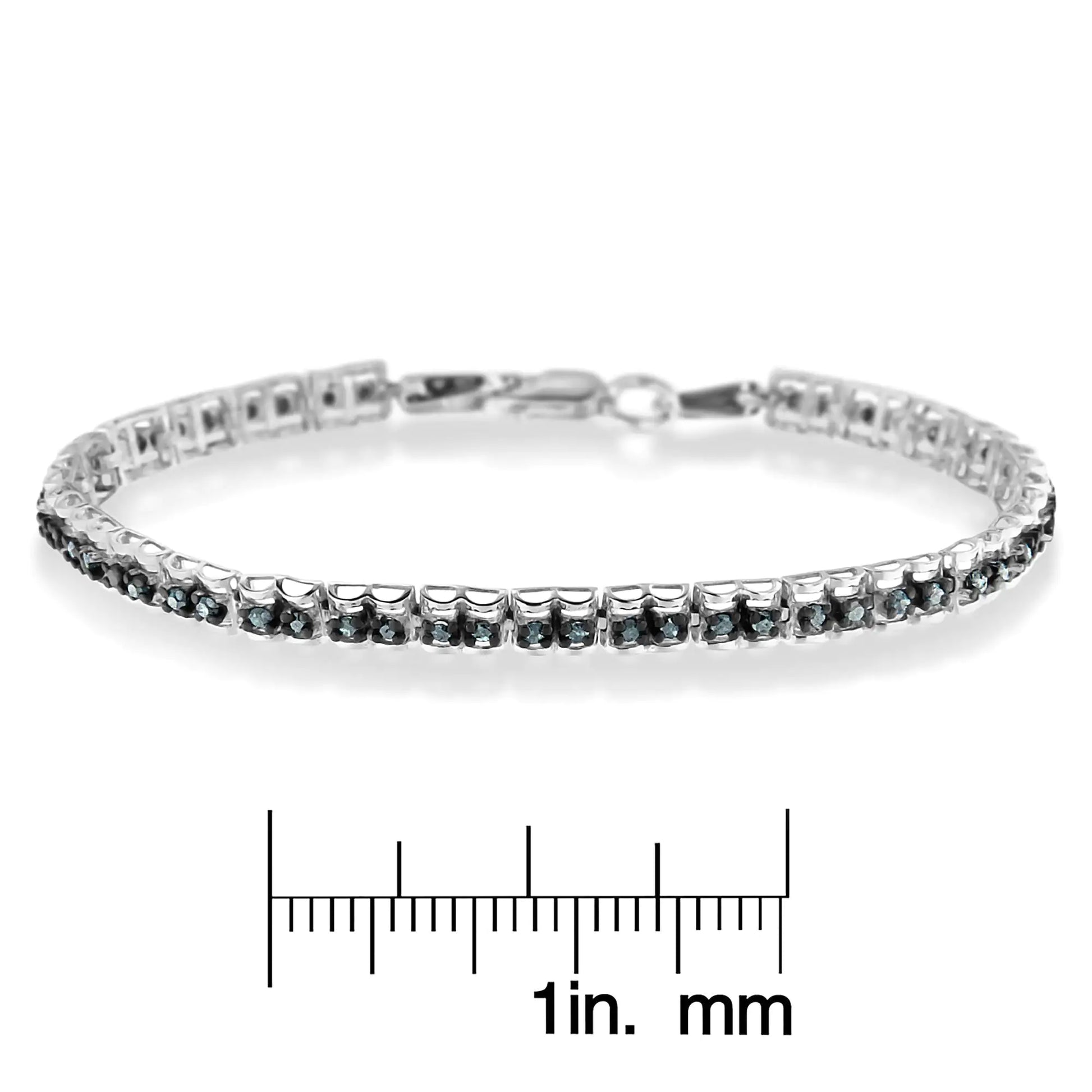 Black Rhodium over .925 Sterling Silver 1.0 Cttw Rose Cut Diamond Double-Link 7" Tennis Bracelet (Blue Color, I1-I2 Clarity) - Puritific