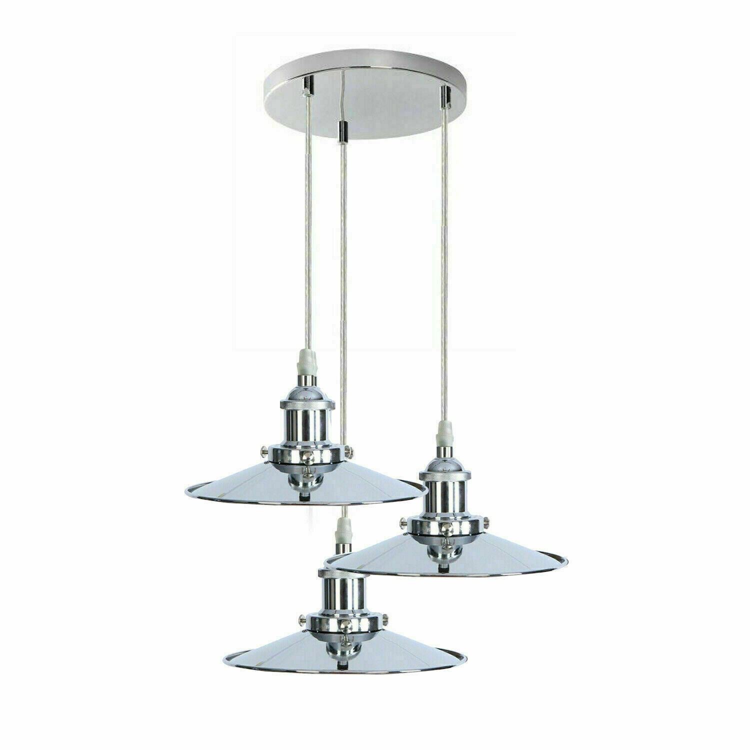 3 Head Pendant Hanging Light Polished Chrome Metal Flat Lamp Shade ~ 1324-3