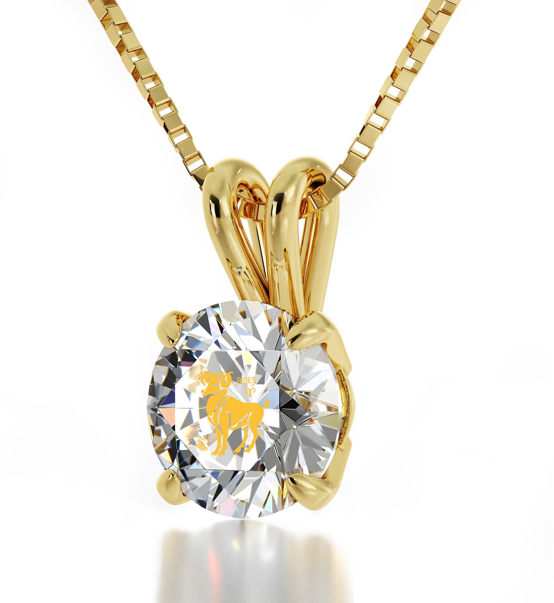 14k Yellow Gold Aries Necklace Zodiac Pendant 24k Gold inscribed on Crystal - Puritific