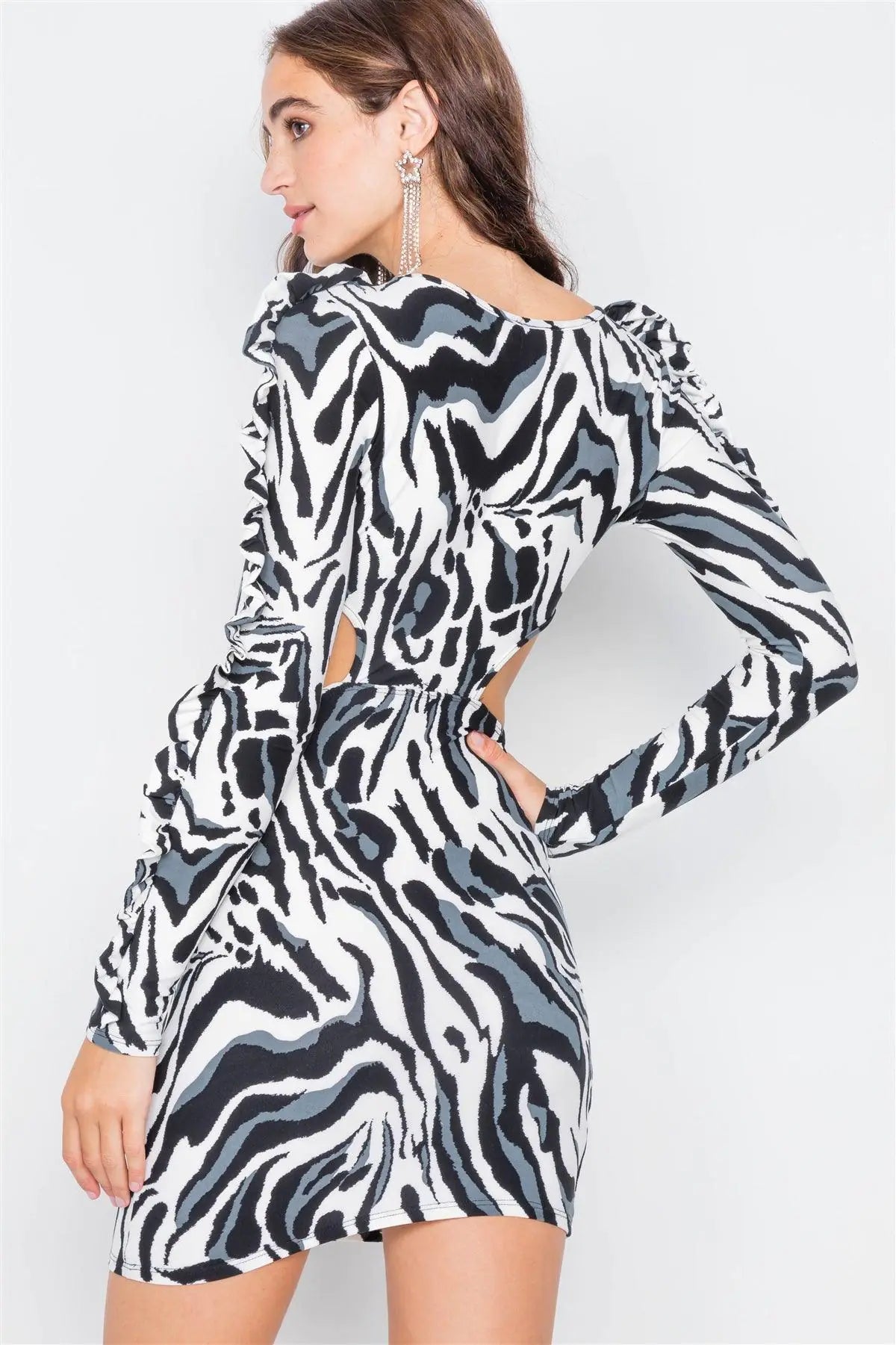 Zebra Cut-Out Flounce Sleeve Trim Mini Dress /2-3-2 - Puritific