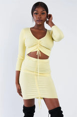 Yellow Ribbed Ruched Draw String Crop Top & Mini Skirt Bodycon Set /3-3 - Puritific