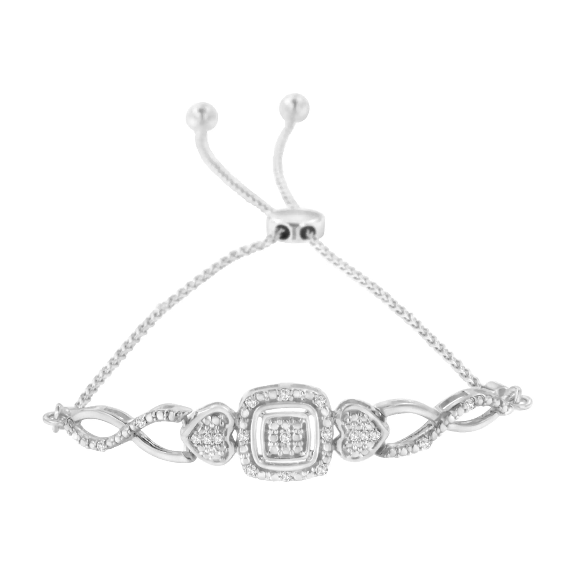 Sterling Silver Diamond Double Heart Bolo Bracelet (0.1 cttw, H-I Color, I2-I3 Clarity) - Puritific