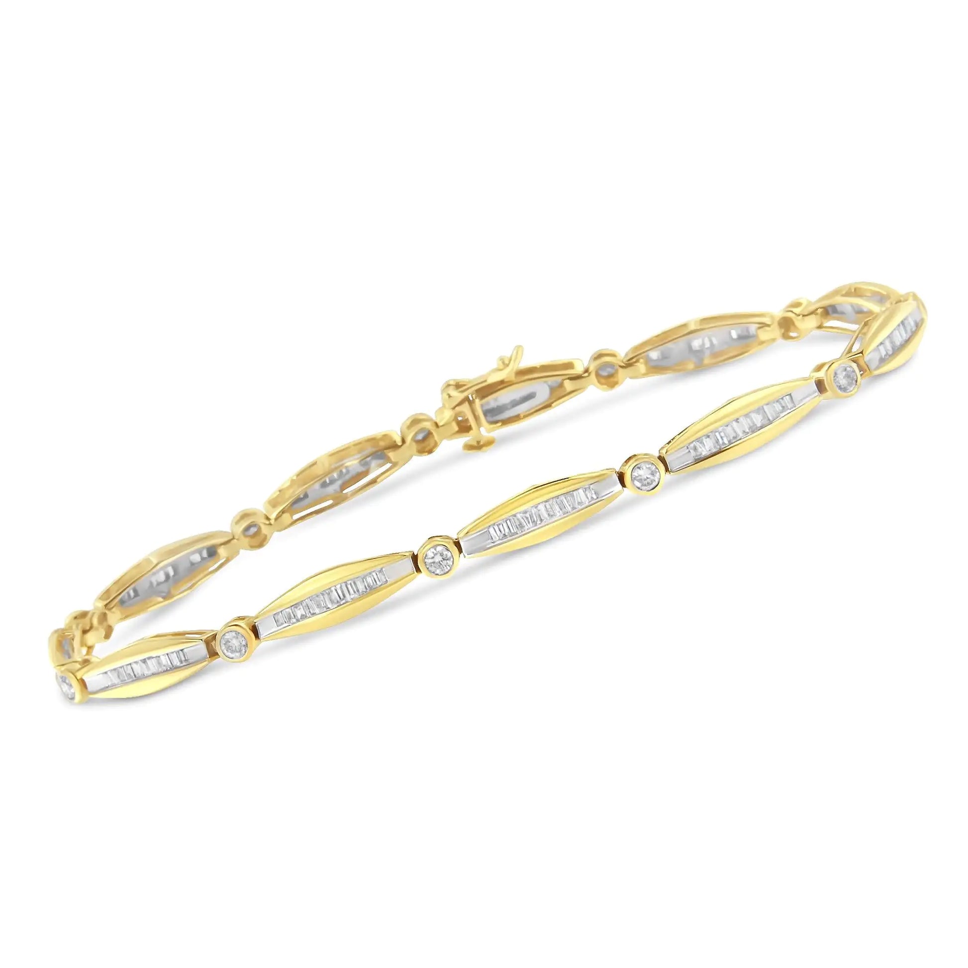 14K Yellow Gold 2.0 Cttw Round Brilliant-Cut & Baguette Cut Diamond Bezel and Tapered Link 7" Tennis Bracelet (H-I Color, SI2-I1 Clarity) - Puritific