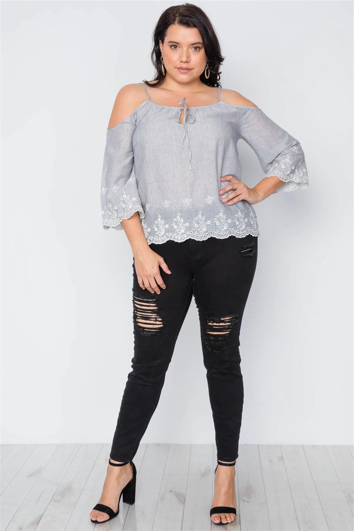 Plus Size Denim Grey Cold Shoulder Floral Embroidery Top /2-2-2