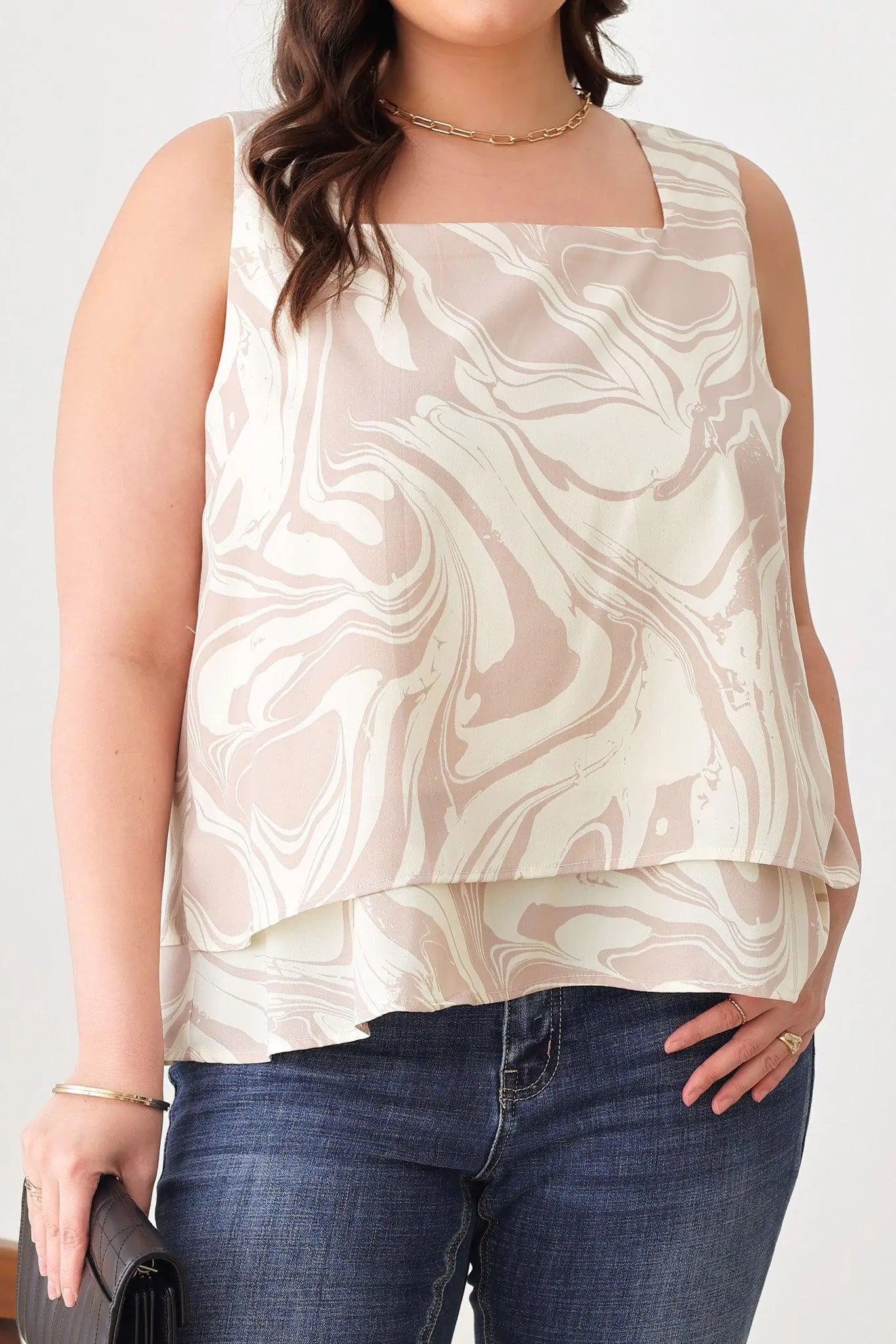 Plus Size Abstract Sleeveless Ruffle Hem Square Neck-Line Tops