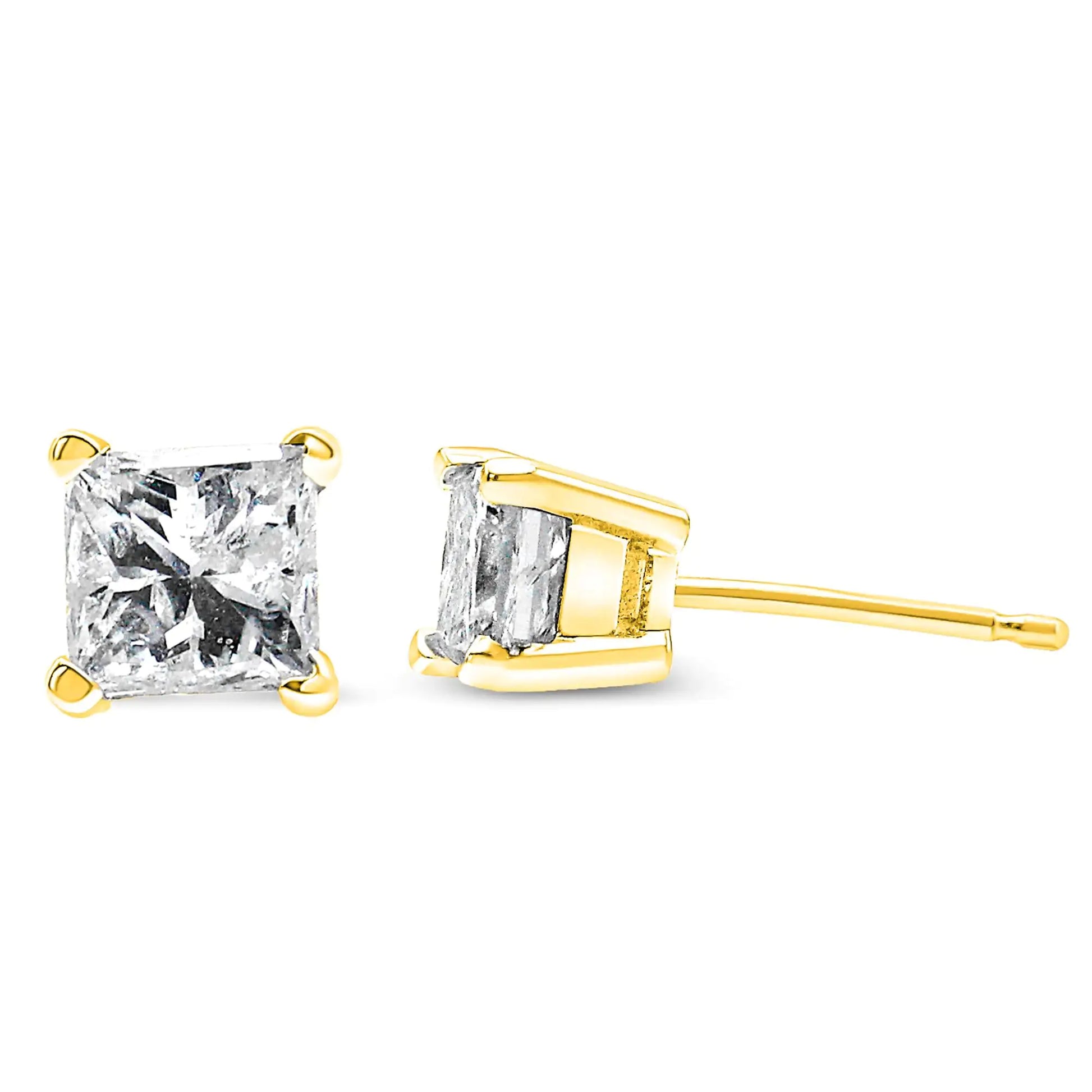 AGS Certified 14k Gold 4-Prong Set Princess-Cut Solitaire Diamond Push Back Stud Earrings (I-J Color, SI2-I1 Clarity) - Puritific