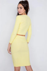 Yellow Ribbed Ruched Draw String Crop Top & Mini Skirt Bodycon Set /3-3 - Puritific