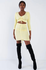 Yellow Ribbed Ruched Draw String Crop Top & Mini Skirt Bodycon Set /3-3 - Puritific