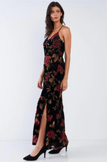 Black Velvet Multi Color Floral Print V-Neck Criss-Cross Back Straps Maxi Dress - Puritific