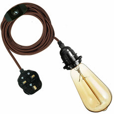 4M Fabric Flex Cable UK Brown colour Plug In Pendant Lamp Light Set E27 Bulb Holder+ switch~3750-0