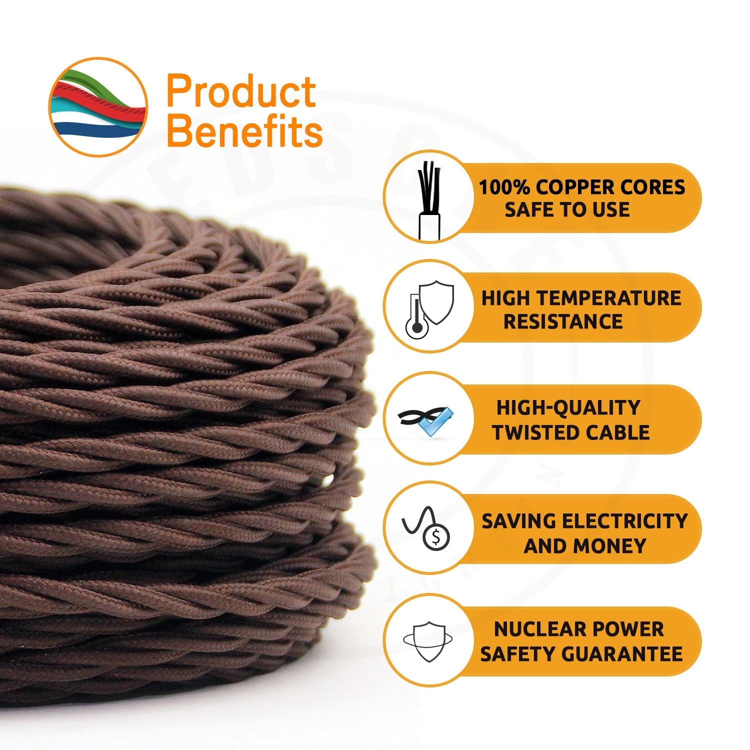 5m 3 Core Twisted Electric Cable Covered Hemp Color Fabric 0.75mm~4831-4