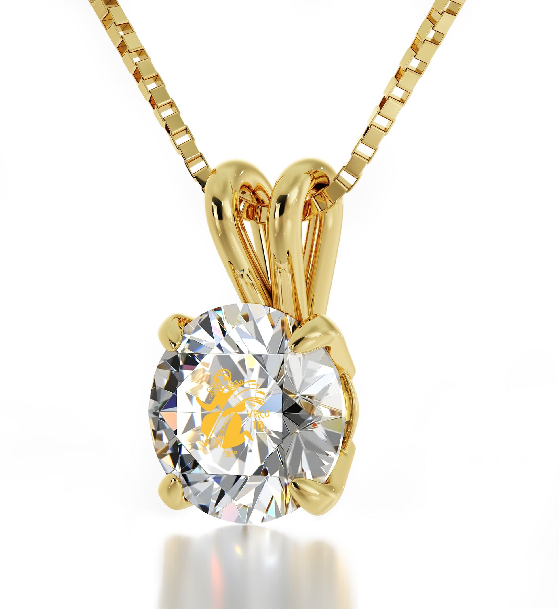 14k Yellow Gold Virgo Necklace Zodiac Pendant 24k Gold inscribed on Crystal - Puritific