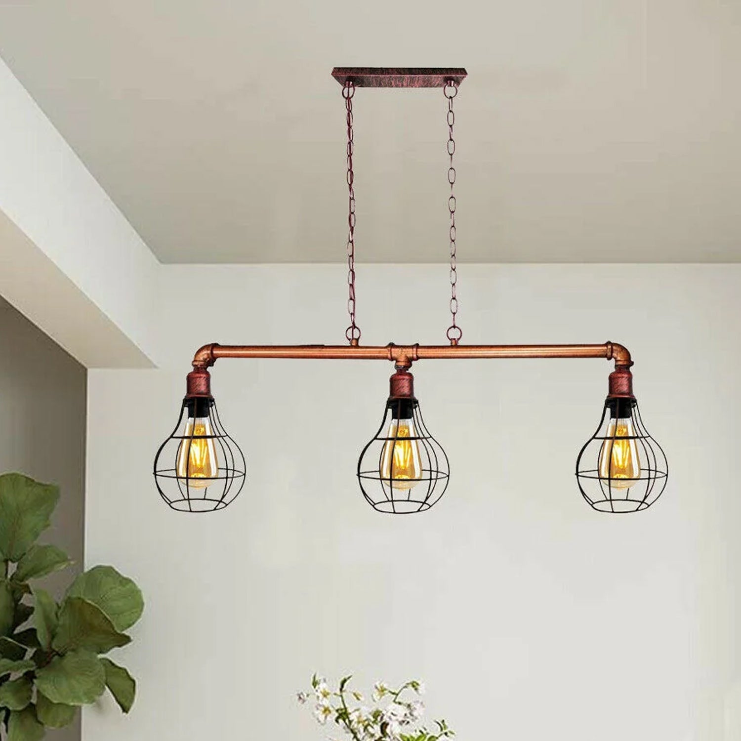 Rustic Red Retro Pendant Pipe Light 3 Head Cage Suspended Lights ~1791-0