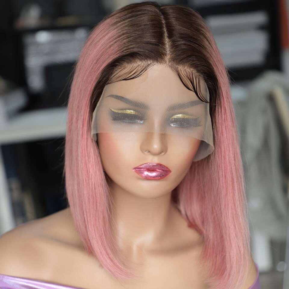 180D Pink Bob Wig Silky Straight Lace Front Human Hair Wig