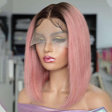 180D Pink Bob Wig Silky Straight Lace Front Human Hair Wig