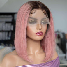 180D Pink Bob Wig Silky Straight Lace Front Human Hair Wig