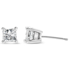 AGS Certified 1/4 Cttw Princess-Cut Square Diamond 4-Prong Solitaire Stud Earrings in 14K White Gold (H-I Color, I1-I2 Clarity) - Puritific