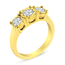 14K Yellow Gold Plated .925 Sterling Silver 1.00 Cttw Miracle-Set Round Diamond Three Stone Engagement Ring (K-L Color, I1-I2 Clarity) - Puritific