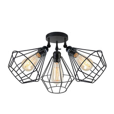 3-way Black Wire Cage Semi-Flush Mount Adjustable Ceiling Light~4988-4