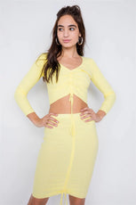 Yellow Ribbed Ruched Draw String Crop Top & Mini Skirt Bodycon Set /3-3 - Puritific