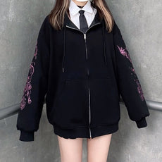 Women Gothic Black Zip Up Hoodie - Puritific