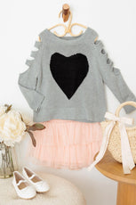 Girls Heart Print Cut-Out Sleeve Sweater