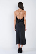 Black Silk Halter Side Slit Criss-Cross Open Back Midi Dress /2-2-1 - Puritific