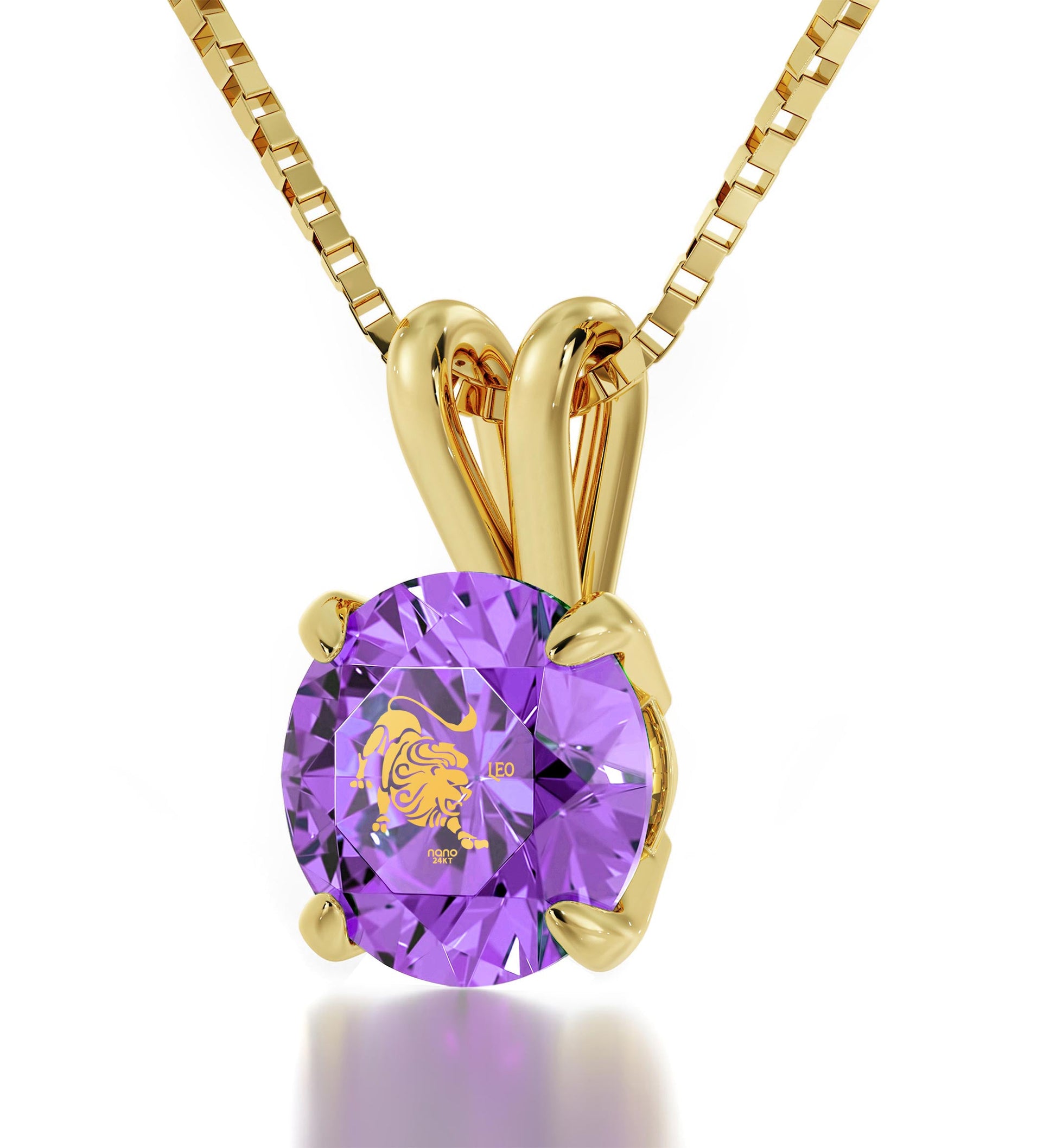 14k Yellow Gold Leo Necklace Zodiac Pendant 24k Gold Inscribed on Crystal - Puritific