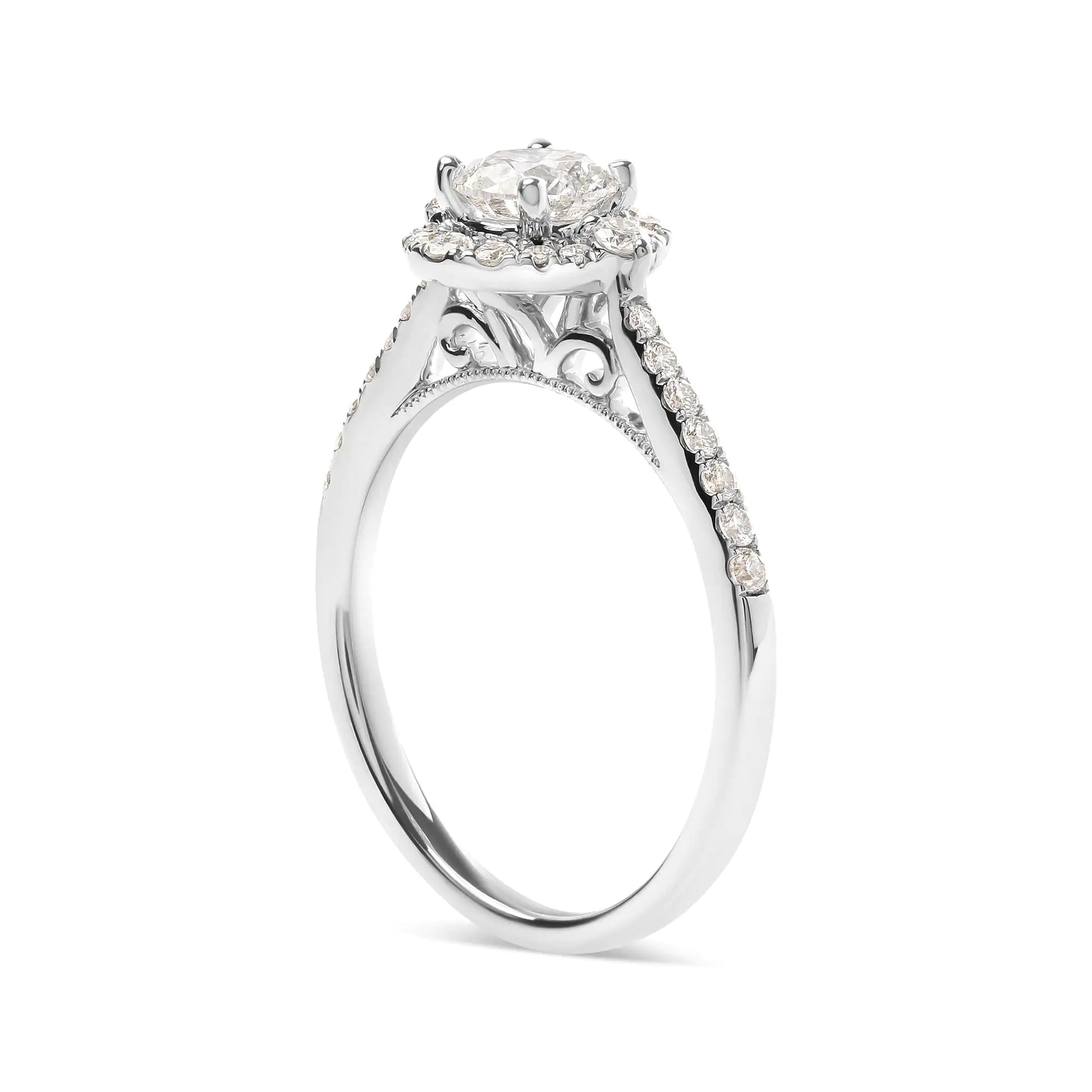 GIA Certified 14k White Gold 1.00 Cttw Diamond Halo Engagement Ring (G-H Color, I1-I2 Clarity) - Puritific