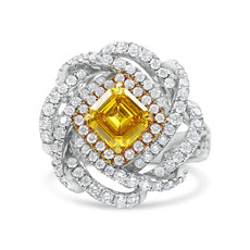 18K White and Yellow Gold 2 1/2 Cttw Yellow Asscher Lab Grown Center Diamond Cluster Swirl Ring (Yellow/G-H Color, VS1-VS2 Clarity) - Puritific