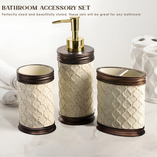 Bathroom Accessories Set 3 Lotion Dispenser Toothbrush Holder Tumbler~5469-0