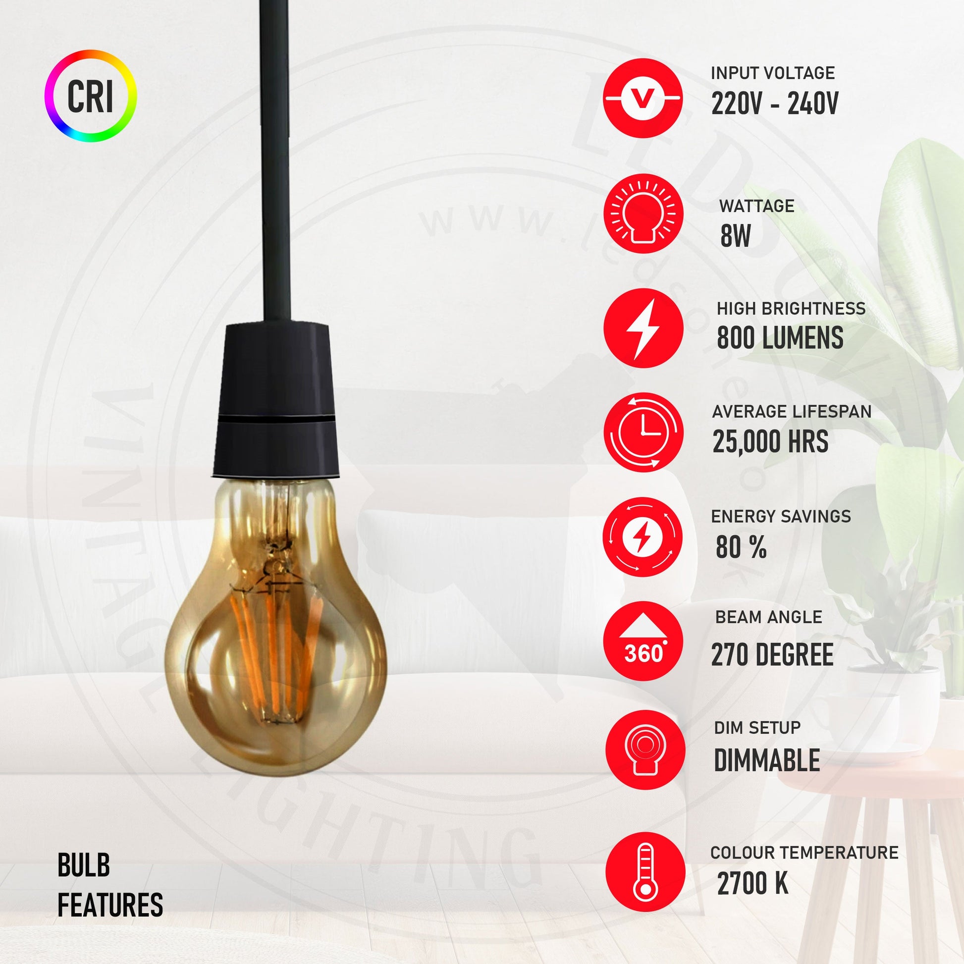 A60 E27 8W Dimmable LED Vintage Classic Light Bulb~ 4073-2