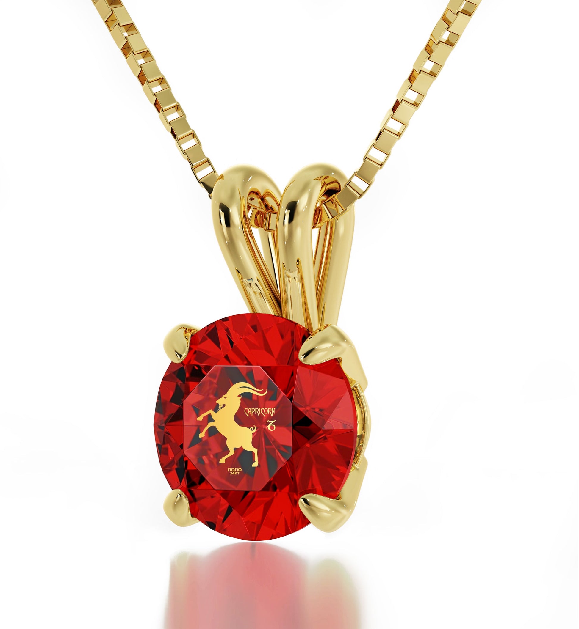 14k Yellow Gold Capricorn Necklace Zodiac Pendant 24k Gold inscribed on Crystal - Puritific