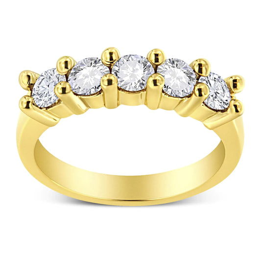 14K Yellow Gold Plated .925 Sterling Silver 1.0 Cttw Shared Prong-set Round Diamond 5 Stone Band Ring (J-K Color, I1-I2 Clarity) - Puritific