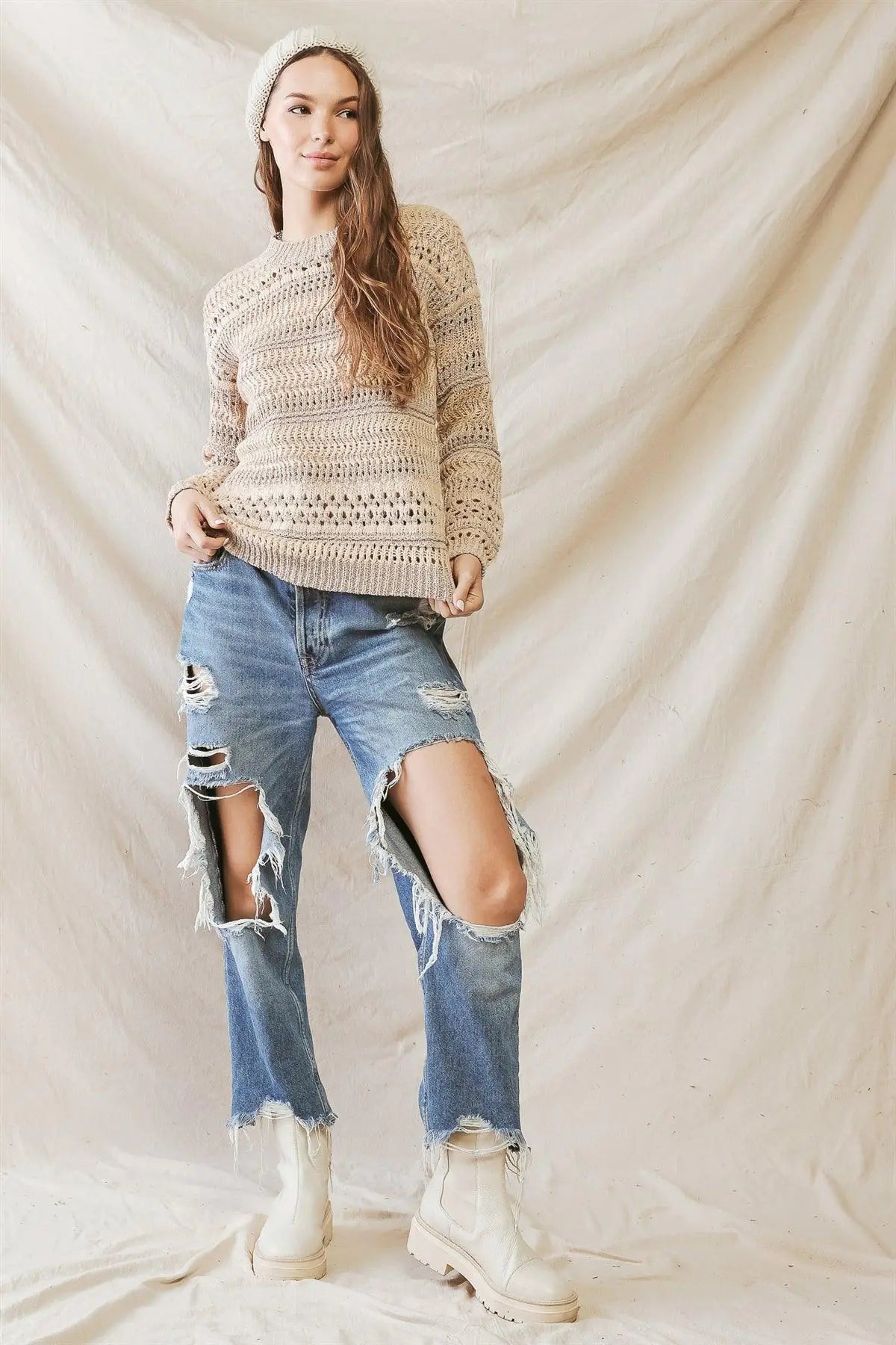 Beige Knit Crew Neck Long Sleeve Sweater /2-3-1 - Puritific