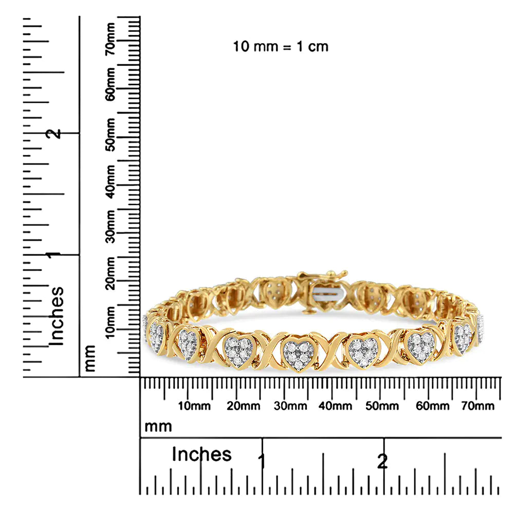 14KY Yellow Gold Plated .925 Sterling Silver 1.00 Cttw Diamond Heart and X Link Bracelet (I-J Color, I3 Clarity) - 7.25" Inches - Puritific