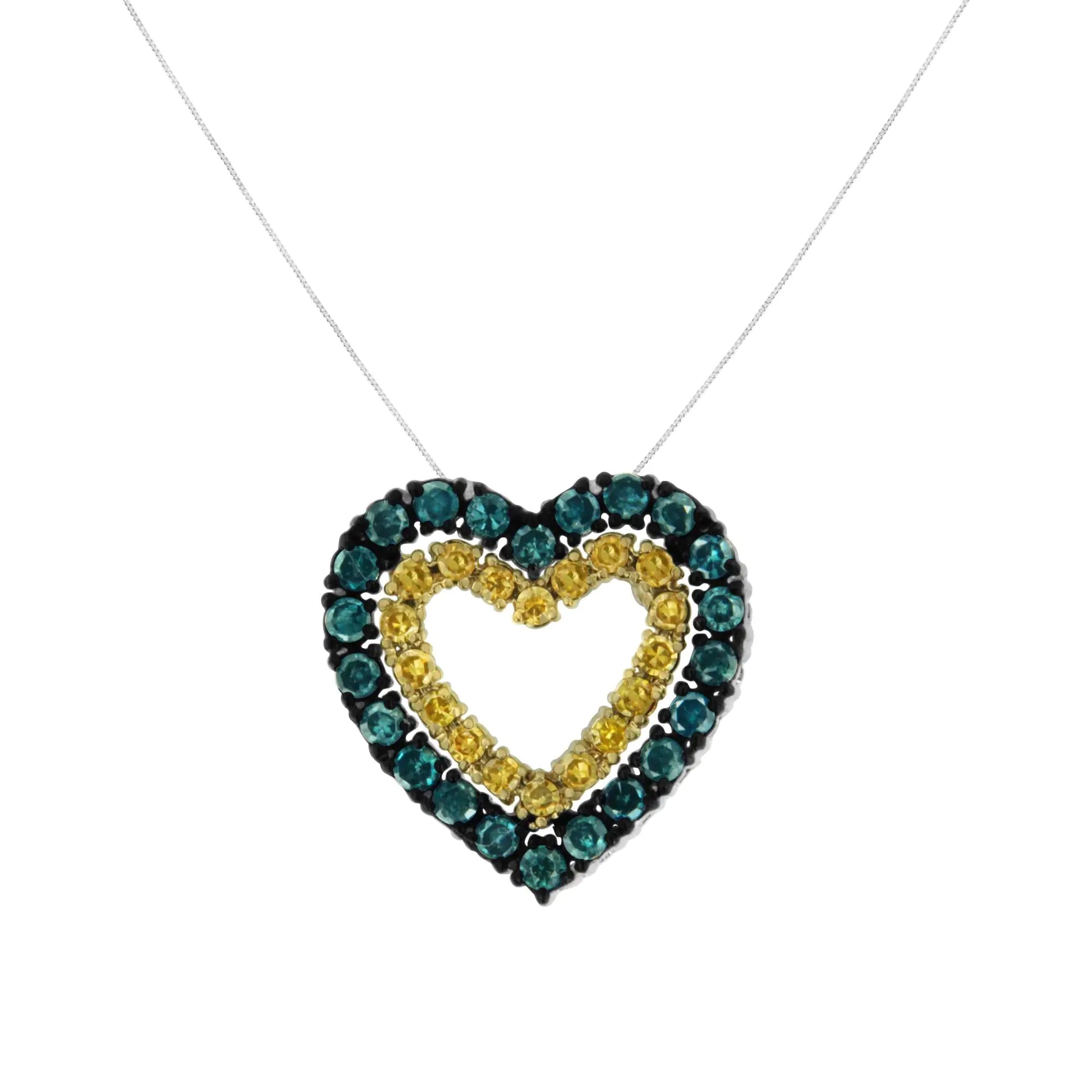 14K Yellow Gold Plated .925 Sterling Silver 1/2 cttw Color Treated Diamond Heart Pendant Necklace (Blue, Yellow, I2-I3 Clarity) - Size 18" - Puritific