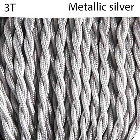 3Core Twisted Metalic Silver Vintage Electric Fabric Cable Flex 0.75mm~4874-0