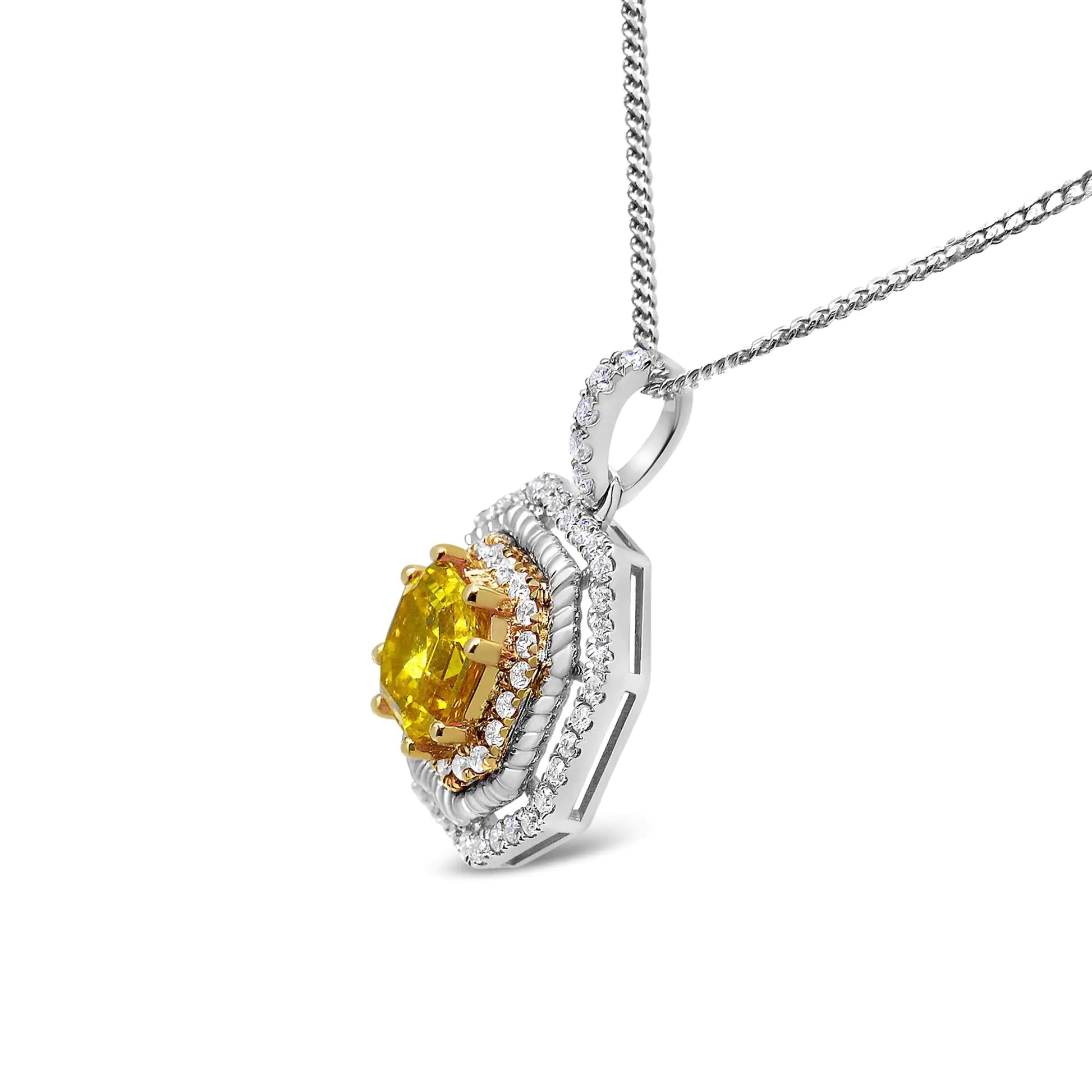 18K White and Yellow Gold 2 1/4 Cttw Lab Grown Yellow Asscher Cut Diamond Art Deco Style Halo 18" Pendant Necklace (Yellow/G-H Color, VS1-VS2 Clarity) - Puritific