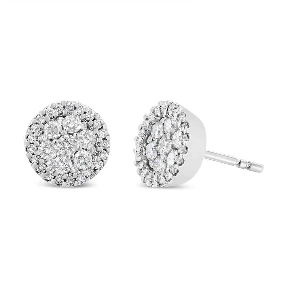 AGS Certified 14K White Gold 1.0 Cttw Brilliant-Cut Diamond Halo-Style Cluster Round Button Stud Earrings (G-H Color, I1-I2 Clarity) - Puritific