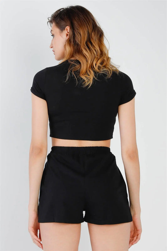 Black Cut-Out Detail Self-Tie Hem Short Sleeve Crop Top & High Waist Short Set /2-2-2 - Puritific