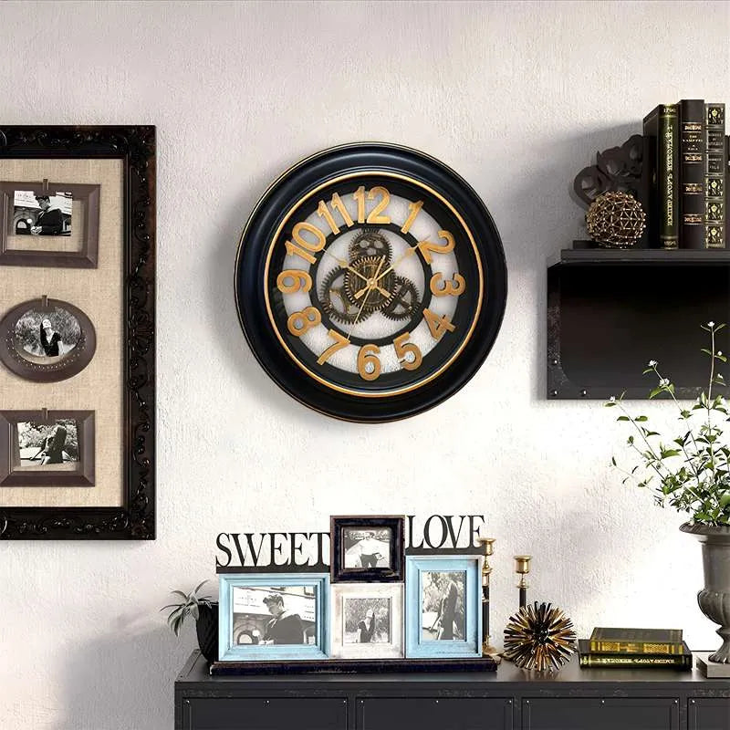 Antique Black & Gold Gear Wall Clock-No Ticking Silent Clock ~5186-4