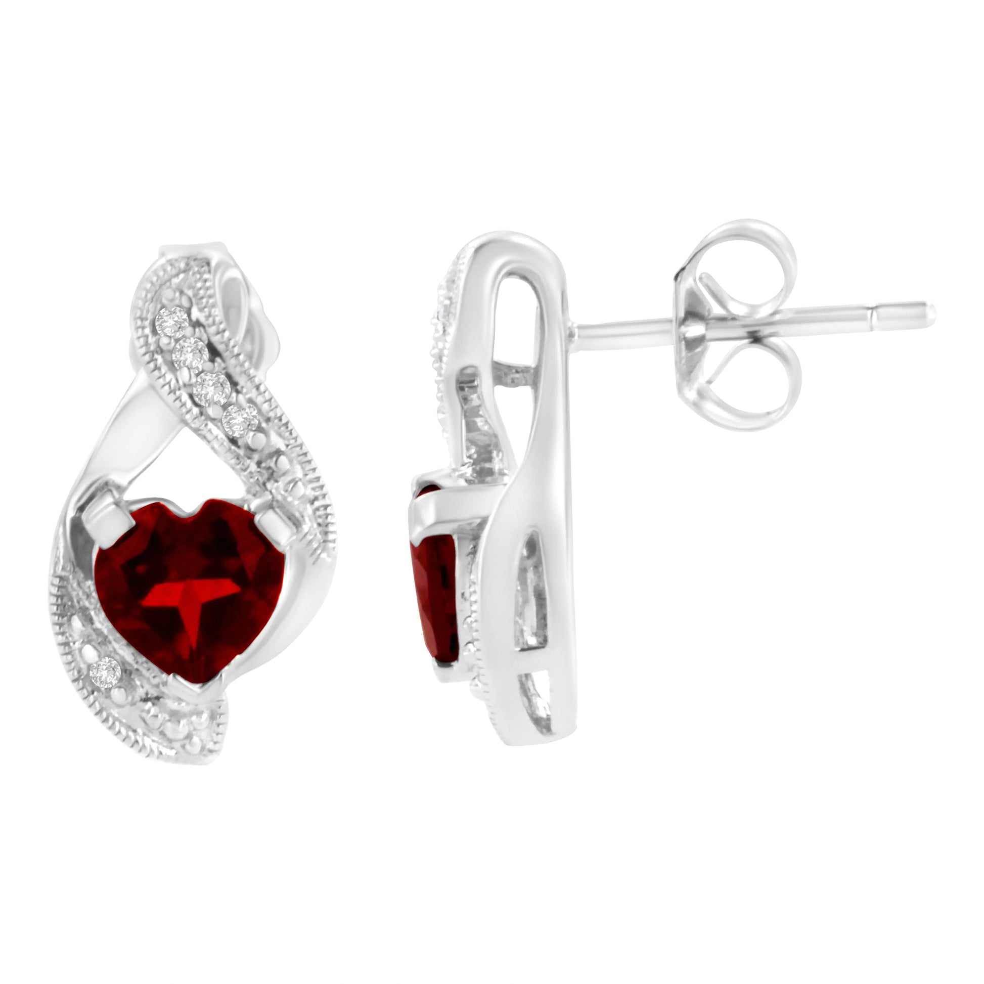 14KT White Gold 6x6mm Created Red Heart Garnet and Diamond Accent Earrings (I-J, I1-I2) - Puritific