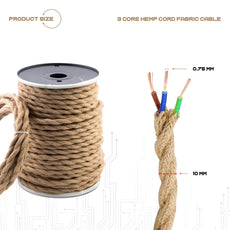 5m 3 Core Twisted Electric Cable Covered Hemp Color Fabric 0.75mm~4831-1