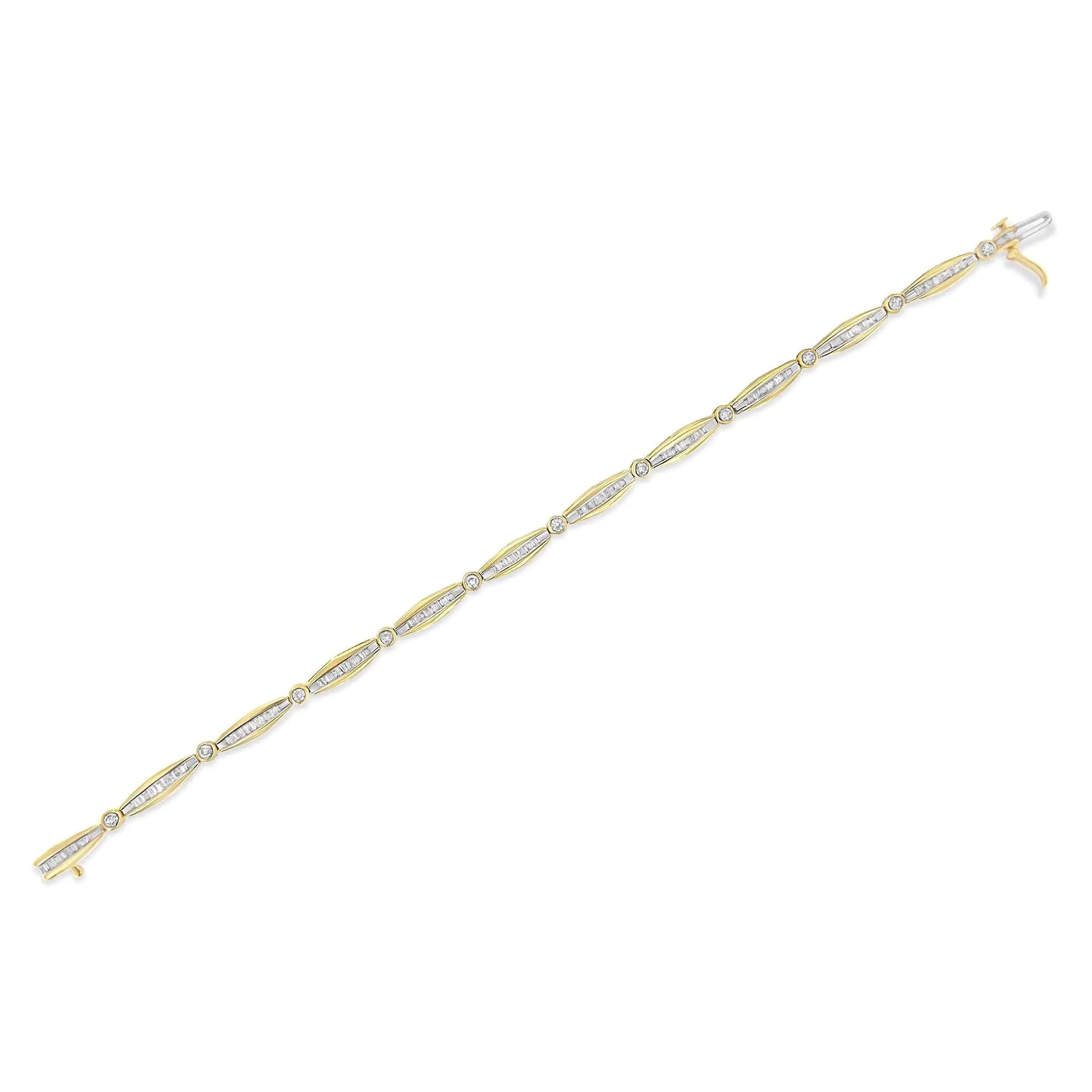 14K Yellow Gold 2.0 Cttw Round Brilliant-Cut & Baguette Cut Diamond Bezel and Tapered Link 7" Tennis Bracelet (H-I Color, SI2-I1 Clarity) - Puritific