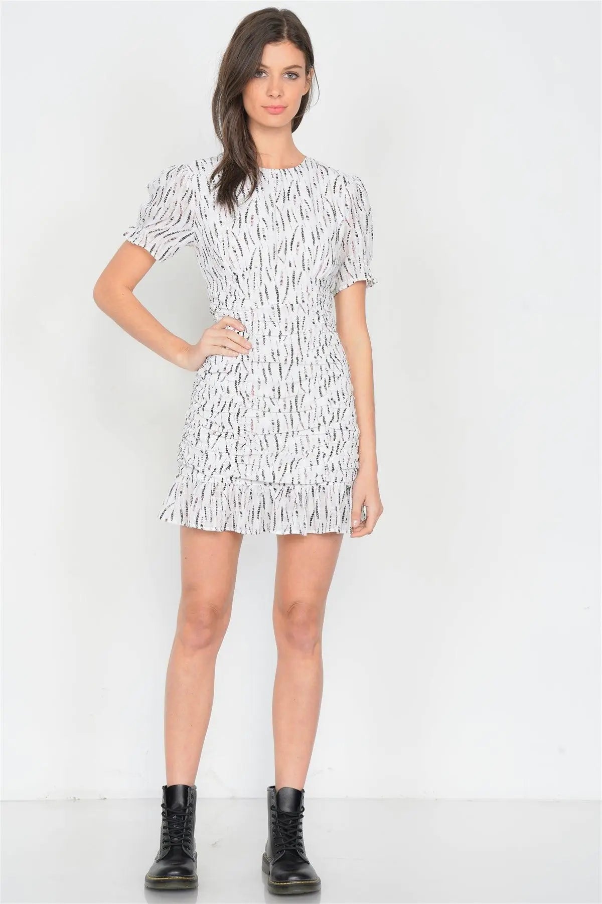 Off-White Boho Print Mini Flounce Trim Hem Cap Sleeve Chiffon Dress /3-2-1