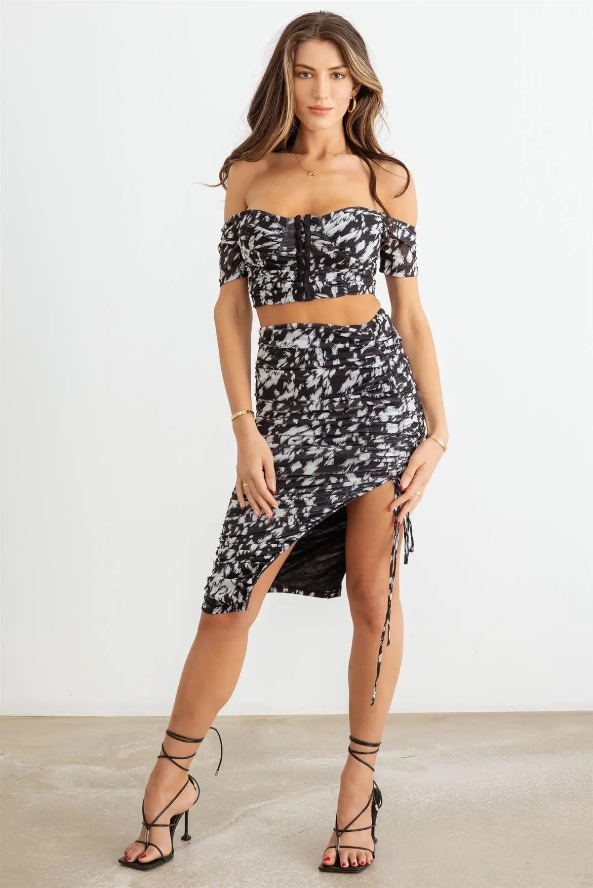 Animal Print Mesh Ruched Crop Top & High Waist Skirt Set - Puritific