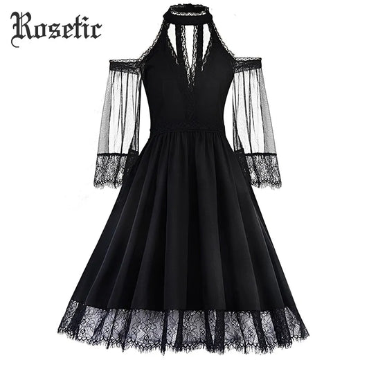 Elegant Vintage Black Mesh Lace Dress - Puritific