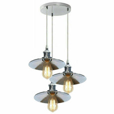 3 Head Pendant Hanging Light Polished Chrome Metal Flat Lamp Shade ~ 1324-4