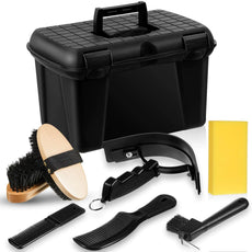 Large Horse Grooming Box Kit 8-piece Horse Brush Set with Box Equine Care Horse Tack Room Equipment Grooming Horse Supplies Black Plastic Tool Box